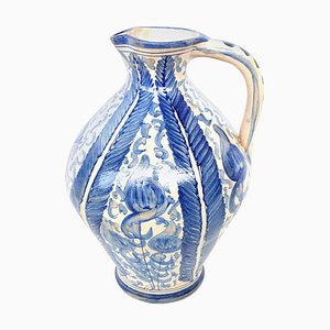 20th Century Glazed Earthenware Spanish Blue & White Painted Pitcher