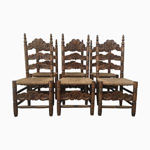 Turned and Carved Wooden Chairs with Straw Seat, 20th Century, Set of 6