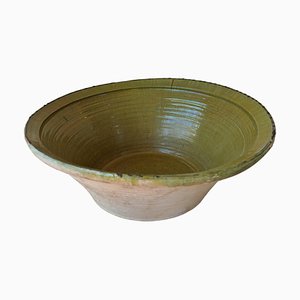19th Century Spanish Hand Thrown and Glazed Green Stoneware Pottery Bowl