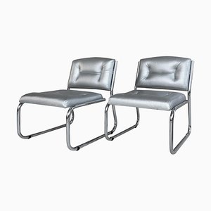 Fauteuils Art Déco en Chrome Tubulaire en Faux Cuir Argenté, Set de 2