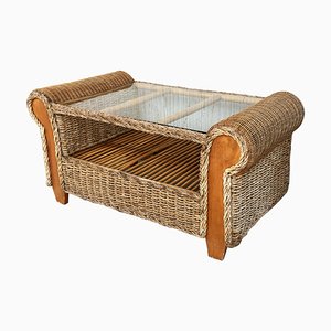 Mid-Century Rattan and Wood Coffee Table