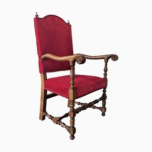 19th Century Louis XIII Style Throne Armchair in Red Velvet