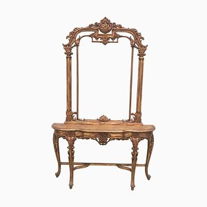 Mesa consola y espejo Pier estilo renacentista de nogal tallado y dorado. Juego de 2