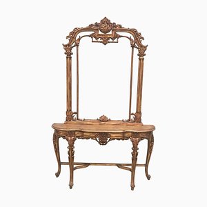 Renaissance Style Carved and Gilded Walnut Pier Mirror and Console Table, Set of 2