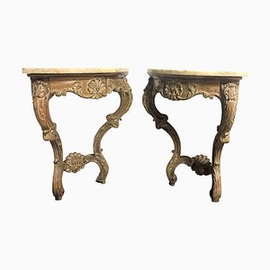 Early 20th Century Rococo French Hand-Carved Corner Consoles with Drawer, Set of 2