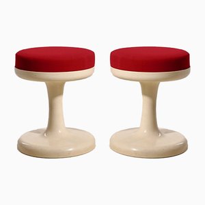 Scandinavian Modern Stools with Red Fabric Upholstery, 1960s, Set of 2