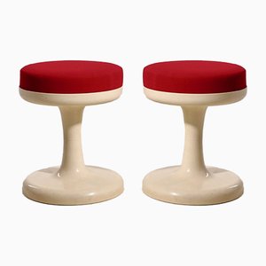 Set of Scandinavian Modern Stools with Red Fabric Upholstery, 1960s