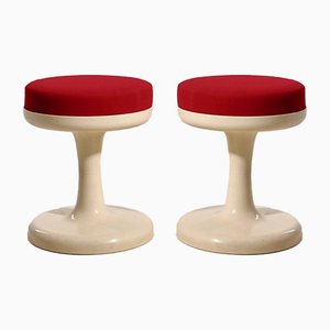 Skandinavische moderne Hocker mit rotem Stoffbezug, 1960er, 2er Set