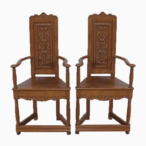 Set of Renaissance Style Caquetoires Armchairs in Blond Oak, Late 19th Century
