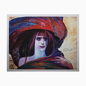 Ernst Fuchs, Girl in Big Hat, impression Giclée sur toile, 21e siècle