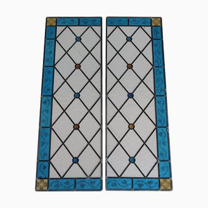 Art Deco Clear, Blue and Gold Stained Glass Panels, Set of 2