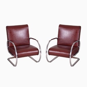 Burgundy Tubular Armchairs with Leather Upholstery, 1930s, Set of 2