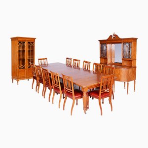 19th-Century British Dining Room Set with 12 Chairs in Satin Wood, Set of 15
