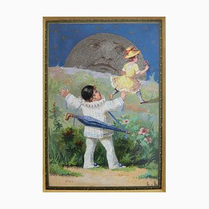 Peinture à l'Huile, Pierrot, Colombine et la Lune par Luigi Loir, 1890s