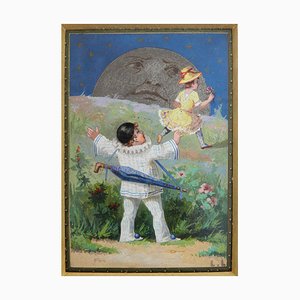 Pintura al óleo, Pierrot, Colombine and the Moon de Luigi Loir, década de 1890