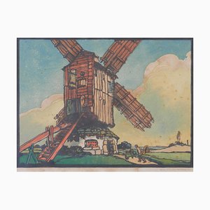 Gravure sur Bois, Moulin par Marcel Haussaire, France, 1900s