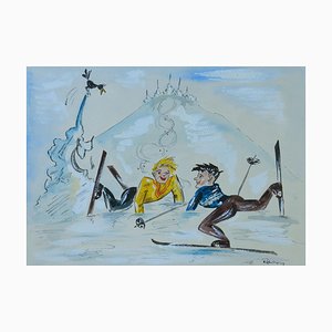 Acuarela de caricatura divertida esquiadores Mid-Century, 1952