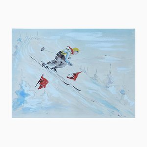 Aquarelle Mid-Century Skieur, 1952