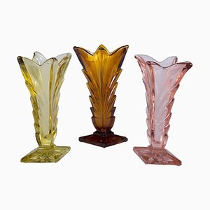 Art Deco Glasvasen in Rosa, Gelb und Orange, 3er Set