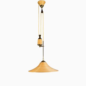 Mid-Century Adjustable Bamboo-Rattan & Brass Pendant Light