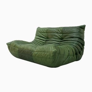 Vintage French Forest Green Leather 2-Seater Sofa by Michel Ducaroy for Ligne Roset