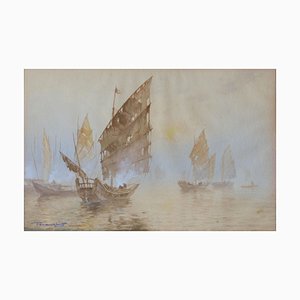 Dipinto ad acquerello di barche orientali, inizio XX secolo