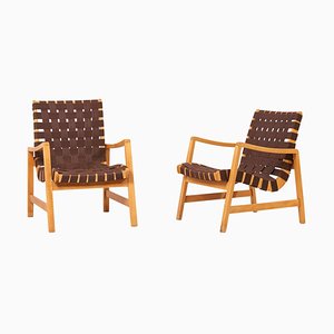 Sillones de cincha marrón de Jens Risom para Knoll, años 50. Juego de 2