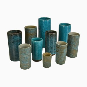 Blue Ceramic Cylinder Vases by Groeneveldt, Set of 10