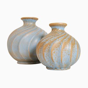 Vases Mid-Century en Céramique Turquoise par Ewald Dahlskog pour Bo Fajans, Suède, Set de 2