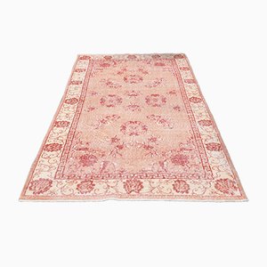 Petit Tapis Oushak Floral Fait Main Vintage en Laine Rouge