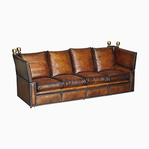 Sofá de cuatro plazas antiguo de cuero marrón teñido a mano de Knoll