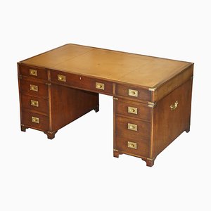 Double Sided Military Campaign Pedestal Desk with Bookcase Back by Kennedy for Harrods