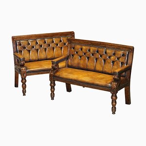 Vintage Chesterfield Hand Dyed Whisky Brown Leather & Oak Benches or Sofas, Set of 2
