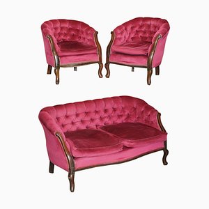 Set da salotto Chesterfield vittoriano in legno massiccio e velluto rosa, set di 3