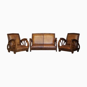 Französisches Art Deco Sofa & Sessel aus braunem Eichenholz, 3er Set