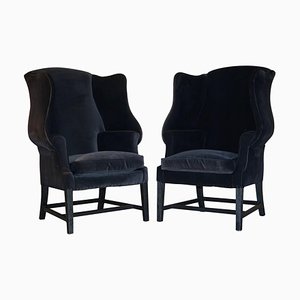Set of Vintage Black Velvet Wingback Armchairs from George Hepplewhite