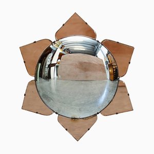 Espejo convexo Art Déco de pétalos de vidrio melocotón biselado de los años 30