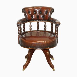 Antique Cigar Brown Leather Swivel Chair, 1860s