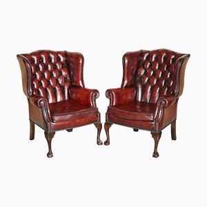 Poltrone Chesterfield Claw & Ball in pelle bordeaux, set di 2