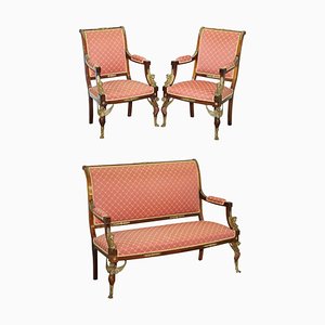 Französisches Empire Sphinx Sofa & Sessel aus Ormolu & Hartholz, 19. Jh., 3er Set