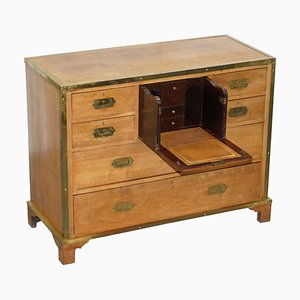 Solid Oak & Brass Military Campaign Chest of Drawers with Secretaire Desk, 1880s