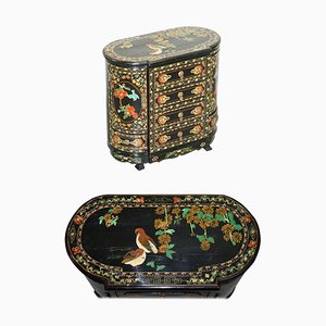 Chinoiserie Black Lacquered & Hand Painted Chest of Drawers