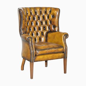 Fauteuil à Oreilles Chesterfield Porter Vintage en Cuir Marron