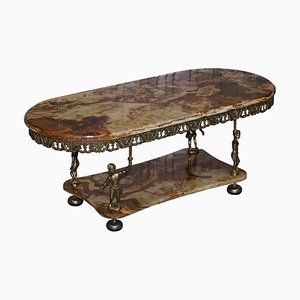 Mid-Century French Rococo Style Gilt Coffee Table with Marble Top & Cherubs