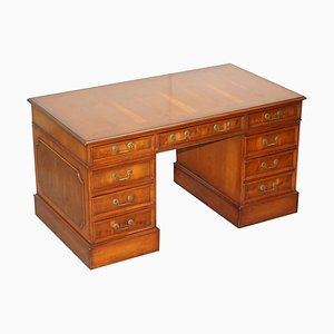 Burr Yew Wood Twin Pedestal Partner Desk with Complete Ornate Timber Top