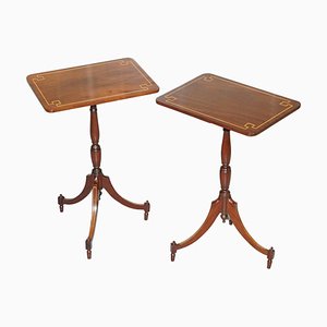 Vintage Regency Style Flamed Walnut & Inlaid Tripod Side Tables, Set of 2