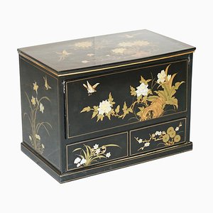 Mueble de TV chinoiserie vintage de pintura lacada en negro con pájaro y flores