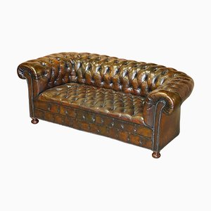 Antikes viktorianisches Chesterfield Club Sofa aus braunem Leder mit Rosshaar-Bezug