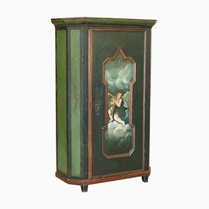 Swedish Hand-Painted Green Hall or Pot Cupboard Wardrobe with Musical Deco, 1800s