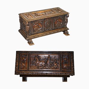 Antique Roman Chariot Ornately Hand Carved Walnut Trunk Chest or Coffer